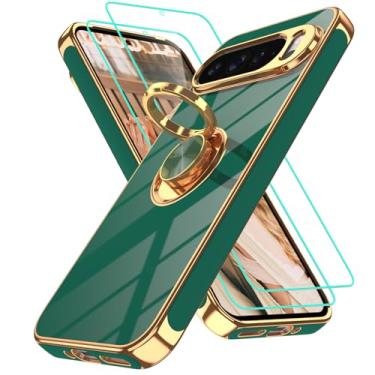 Imagem de Gritup Capa para Google Pixel 9 Pro XL: 2 peças protetoras de tela | Suporte magnético de rotação de 360° | Capa protetora básica de TPU macio com borda dourada revestida para Pixel 9 Pro XL verde