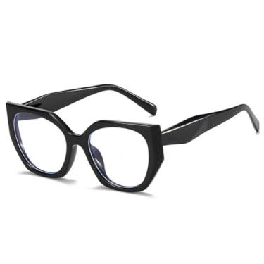 Imagem de Óculos femininos vintage com armação estilo olho de gato poligonal, lentes transparentes anti-luz azul, armação bicolor masculina (preta)