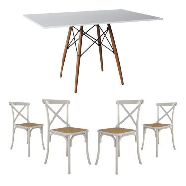 Imagem de Jogo De Mesa Eiffel Retangular Tampo De Madeira 120X75Cm Branco Com 4 Cadeiras Katrina Branca