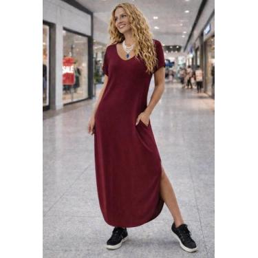 Imagem de Vestido Gola V Barra Oval Com Bolso - modanascimento, Vinho, G