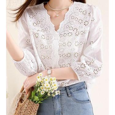 Imagem de Camisa Feminina Blusa Branca Renda Lese Laise Social Festa Réveillon B