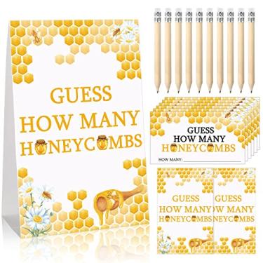 Imagem de 63 Pcs Baby Shower Games Include Guess How Many Honeycombs Sign and 50 Guessing Cards with 10 Pencils and 2 Honeycomb Bottle Stickers for Baby Shower Birthday Bee Theme Party Decorations