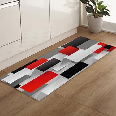 Imagem de Tapete de corredor de cozinha, padrão geométrico 3D abstrato quadrado vermelho preto cinza tapete antiderrapante tapete de porta tapete para lavanderia cabeceira banheiro quarto 50 x 160 cm