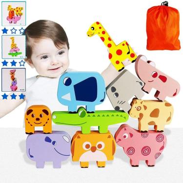 Imagem de Blocos de madeira empilháveis Brinquedos com mais de 18 meses de idade, 10 Montessori Animals Stacker Building Puzzle com 10 unidades de cartões de ní