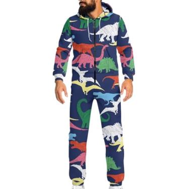 Imagem de Gzzxiailg Pijama de uma peça para adultos, manga comprida, bolso frontal, roupa de dormir, roupa de dormir, macaquinho, roupa de dormir, macacão P-4GG, Dinossauro, G
