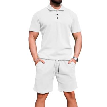 Imagem de Uni Clau Conjunto masculino de 2 peças, camisa polo de verão e shorts, conjunto de treino casual musculoso, Branco, 3G