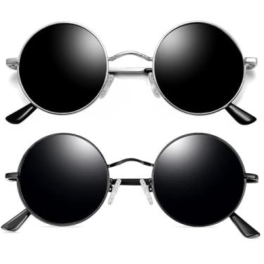 Imagem de Joopin Óculos de Sol Redondo Masculinos Femininos Polarizado, Pequeno Círculo Hippie Vintage Retrô Steampunk Metal Óculos de Sol (Preto + Prata)