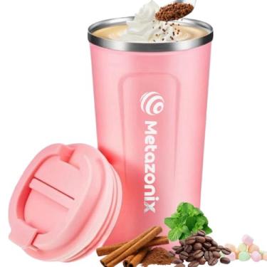 Imagem de Metazonix - Caneca de café de viagem - Caneca de café de aço inoxidável de 500 ml - Caneca de viagem à prova de vazamento - Caneca de café isolada com tampa - Copo de café de viagem - Sem BPA (rosa)