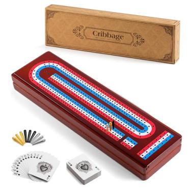 Imagem de Ceebyfa Cribbage Board Game Set with Large Storage Area, Solid Wood 3 Track Cribbage Board, 9 Metal Pegs, 2 Playing Cards and Instruction. Portable Travel Board Game for All Ages(Vintage Color).