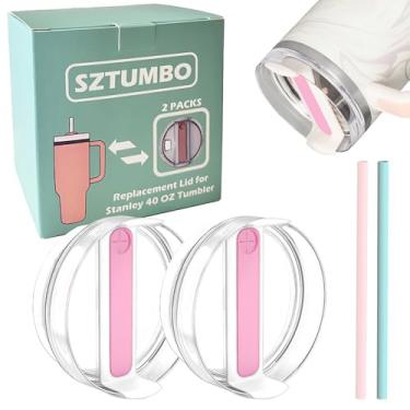 Imagem de SZTUMBO Tampa de substituição de 2 peças para copo Stanley de 1,134 g, à prova de derramamento e resistente a respingos, acessório Stanley Quencher Cup (rosa transparente) vem com 2 peças de canudo de