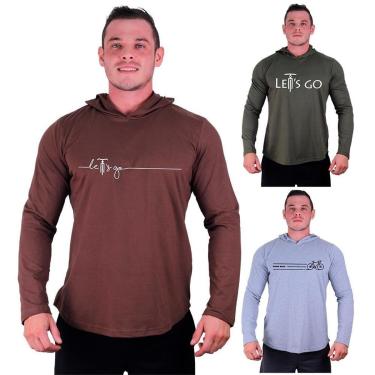 Imagem de Kit 3 Camisetas Manga Longa com Touca Longline Estampada Fitness Musculação Dia-a-Dia-Masculino