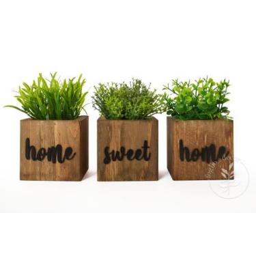 Imagem de Trio de Vasinhos Decorativos com Frase Home Sweet Home e Planta Artifi