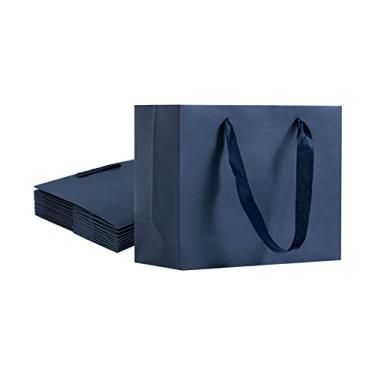 Imagem de Umoonfine Sacos de presente azul marinho a granel, pacote com 50 sacos de presente de papel azul marinho com alças, sacos de presente kraft, 21 x 19 x 19 cm, sacos de embrulho de presente para