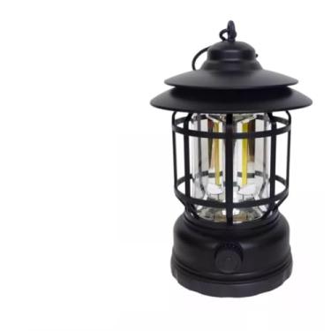 Imagem de Lampião Lanterna Led Portátil De Camping Barraca Retro Recarregável Via USB Tipo C Luminária Para Acampamento e Pesca Com Regulagem De Intensidade Gancho Pendurar Bateria Longa Duração (Preto)