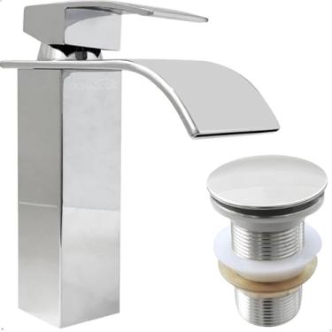 Imagem de Dona D Cor, Torneira Cascata Banheiro Bica Baixa Cromada E Valvula Click Inox Kit Monocomando Ralo Pia 40mm