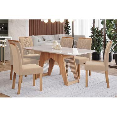 Imagem de Sala de Jantar Completa Carol c/ Tampo Madeirado c/ Vidro 180cm + 6 Cadeiras Juliana Nature/Off White/Madeira/Nude - Cimol