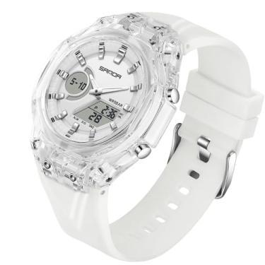 Imagem de Relógio de pulso unissex analógico digital para esportes ao ar livre, multifunções, LED, eletrônico, grande, à prova d'água, cor doce, relógio de pulso para estudante, Y, branco, branco