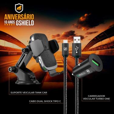 Imagem de Kit Suporte Veicular Tank Car Automatic + Cabo Turbo Militar - 1,5M - Tipo C / USB-A + Carregador Veicular Turbo One - Gshield