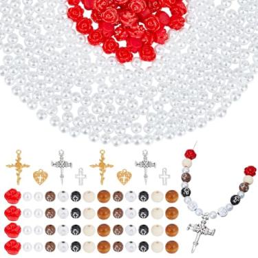 Imagem de arricraft 650 kits de achados para fazer joias com tema cruzado, cruz, rosa, pérola, rosa, centro de mesa, pingente de crucifixo, suprimentos para fabricação de rosário, brincos faça-você-mesmo
