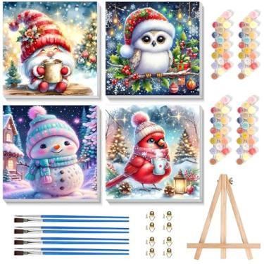 Imagem de Pacote com 4 tintas de Natal por números para crianças com moldura de madeira, pintura por números, para crianças de 4 a 8 a 12 anos, kits de pintura a óleo acrílica fácil de gnomo cardeal coruja para