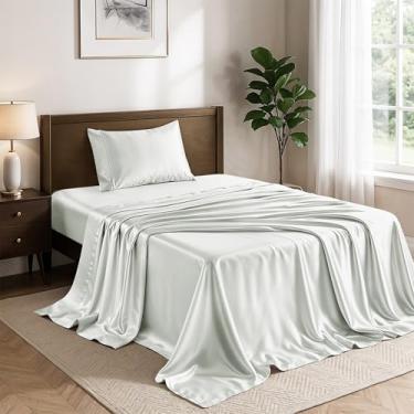 Imagem de Conjunto de lençóis de cetim solteiro Lux Decor de 3 peças – Tecido luxuoso sedoso macio 100% poliéster, lençol com elástico alto – Roupa de cama macia e respirável com fronha (branco)