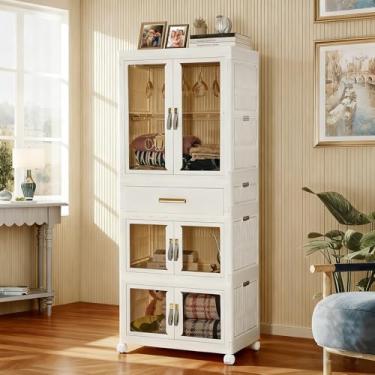 Imagem de Armário portátil para animais de estimação com gavetas, portas e varões suspensos, armário de armazenamento dobrável branco para animais de estimação (3 camadas + gaveta)