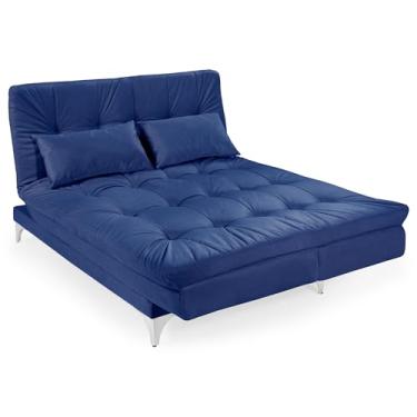 Imagem de Sofá Cama Versátil Reclinável Veludo 3 Lugares 5 Posições Casal Premium Estrutura Pés de Alumínio Casa Imperial (AZUL MARINHO)
