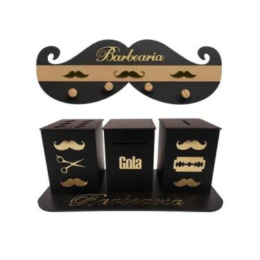 Imagem de Kit Barbearia Trio Elementos Dourado + Cabideiro Decorado MDF - CWR at