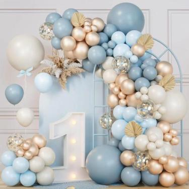 Imagem de Kit Balloon Arch, 107 unidades, azul, dourado, branco, com folhas de p