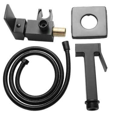 Imagem de Bidê de vaso sanitário quadrado único pulverizador de água fria, torneira de latão preta, mangueira de 150 cm (1,5 m), bocal de pulverização, suporte de parede e algodão pérola embalagem incluída para