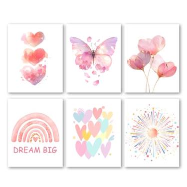 Imagem de Bgohrd Conjunto de pôsteres rosa rosa borboleta amor boho arco-íris floral arte de parede para decoração de sala de estar, pôster de pintura de sonho moderno em aquarela para quarto de dormitório de