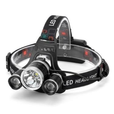 Imagem de Lanterna de Cabeça LED Profissional, 3 Lâmpadas, Faixa Ajustável, Iluminação Potente, Preta, para Camping e Atividades Noturnas
