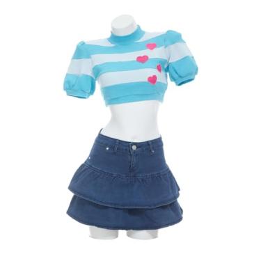 Imagem de Micotaku Conjunto de roupa casual feminino licenciado oficial da Winx Club – blusa, saia jeans, braçadeiras e meias para cosplay