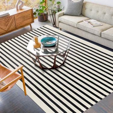 Imagem de KILOCOCO Tapete listrado bege 12 x 18 cm para sala de estar, algodão, lavável à máquina, tapetes em camadas para pátio, casa de fazenda, quarto, cozinha, lavanderia