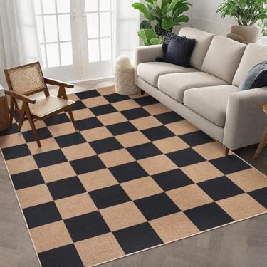 Imagem de GarveeHome Tapetes quadriculados de juta fácil, 12 x 18 cm, lavável na máquina, antiderrapante, resistente a manchas, moderno, ambientes internos e externos, para fazenda, sala de jantar, pátio, preto