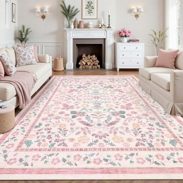 Imagem de GarveeHome Tapetes laváveis 20 x 25 cm para sala de estar floral antiderrapante tapete de área de flores de pelo baixo resistente a manchas botânico grande para quarto de meninas, casa de fazenda