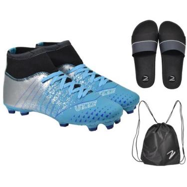 Imagem de Chuteira Campo Botinha UZ Cravo Adulto + Chinelo Slide + Bolsa Esporti