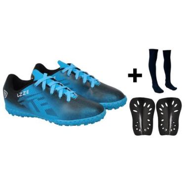 Imagem de Chuteira Society Campo Adulto + Meião + Caneleira - UZZE, Azul, 39