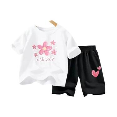 Imagem de Conjunto De Roupas De Verão Para Meninas Camiseta Com Flores E Shorts 