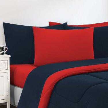 Imagem de Kit Edredom + Jogo De Lençol Malha 100% Algodão Gran Moratta 6 Peças Queen - Azul Marinho/Vermelho