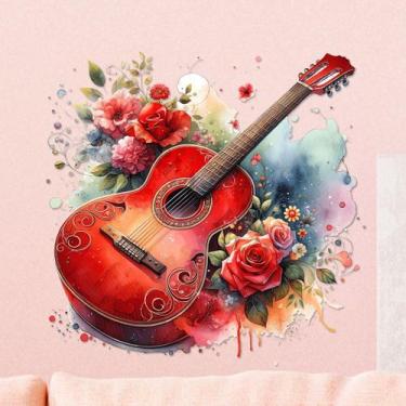 Imagem de Adesivo de parede para guitarra floral vermelha em PVC 29,5 x 29,5 cm 