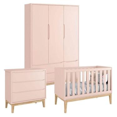 Imagem de Quarto De Bebê Classic 3 Portas Cômoda Gaveteiro Rosa Com Pés Madeira Natural - Reller
