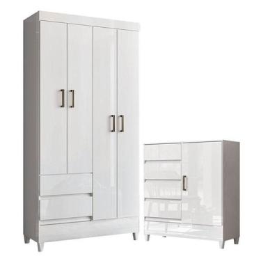 Imagem de Guarda Roupa Solteiro 4 Portas com Pés Fit e Cômoda 1 Porta e 4 Gaveta