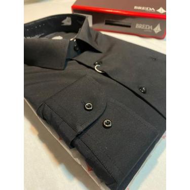 Imagem de Camisa social slim manga longa sem bolso preta lisa 100% algodao - Bre