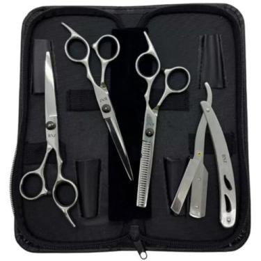 Imagem de Kit 3 Tesoura de barbear profissional Tesoura de rosqueamento adequada para cabeleireiro/barbeiro (Prata)