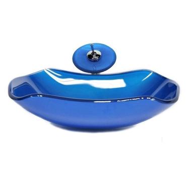 Imagem de Cuba de Vidro Abaulada 45cm + Válvula + Torneira Cascata Azul