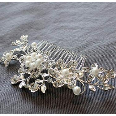 Imagem de Pente de cabelo de casamento para noiva e dama de honra, acessório de cabelo de prata para noivas, strass e pérolas para mulheres – clipe decorativo formal para coque ou Updo. /sem risco