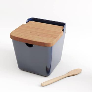 Imagem de WOLFF - Saleiro de Cerâmica com Tampa e Colher de Bambu Azul 9cm x 9cm x 8,5cm