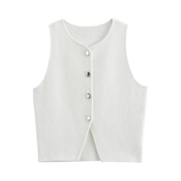 Imagem de Blusa Feminina Cropped de Malha - Sem Mangas, Gola Redonda e Botões - 