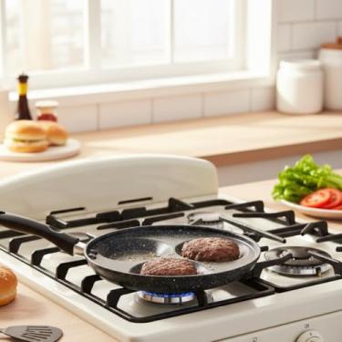 Imagem de Frigideira Antiaderente, Preta, Alumínio, 23cm, 3 Divisórias, Cabo Baquelite Antitérmico, Compatível com Indução, Gás, Elétrico, Vitrocerâmico